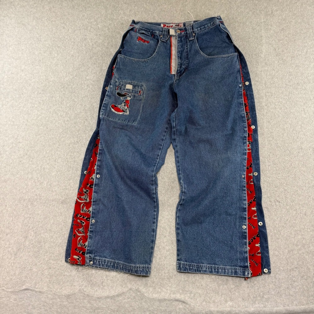Paco Jeans Baggy Side Snap Tearaway Skater Pants Mens 30x30 Blue Red Y2K Vintage